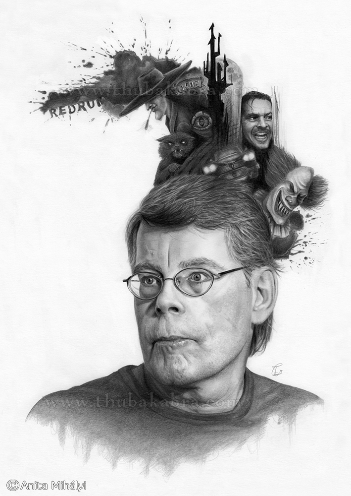Stephen King Portrait Pencil Drawing with Characters