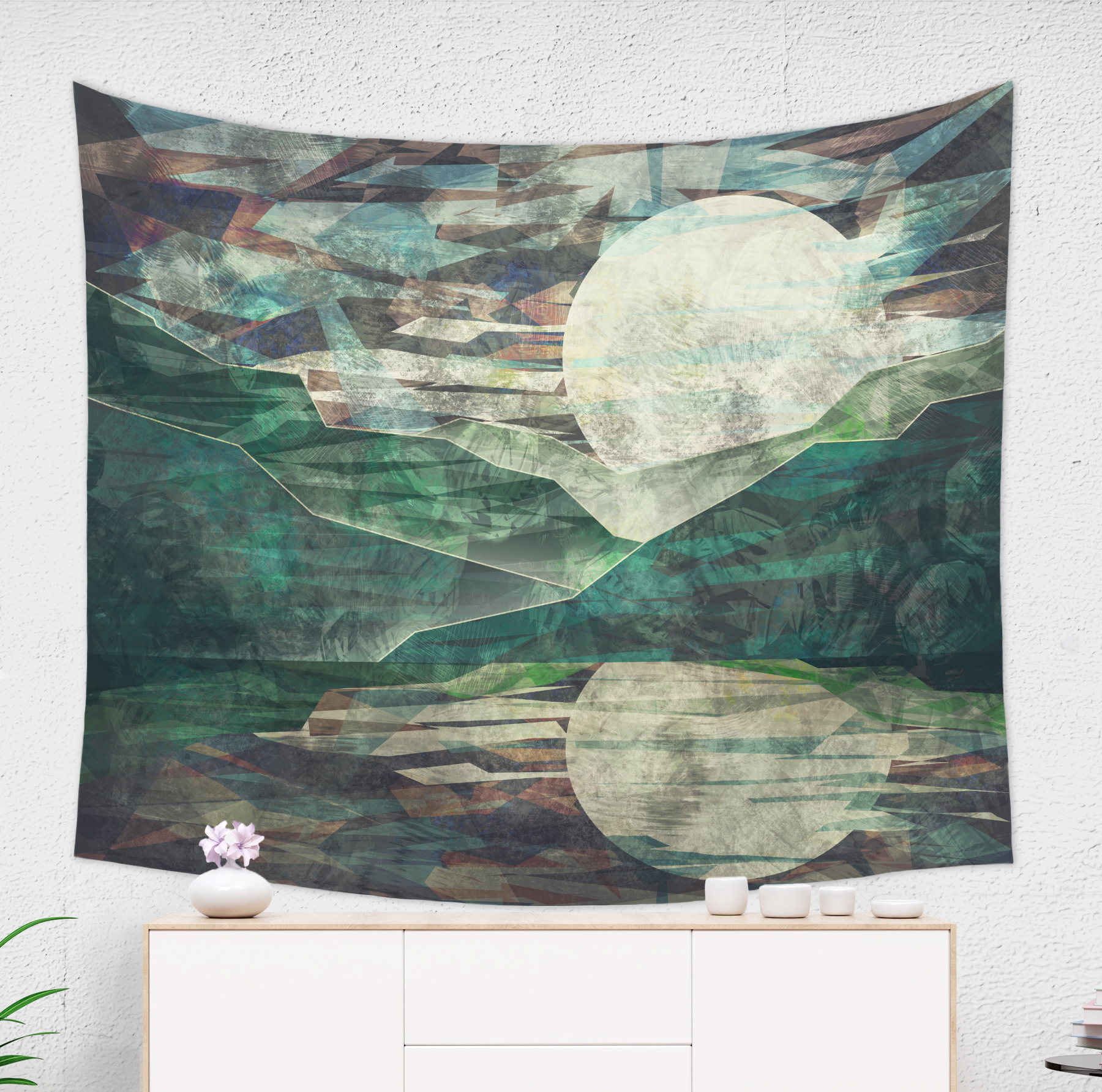 Grunge Moon and Mountain Wall Tapestry on Wall